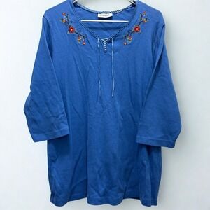 Vintage Basic Editions Women Blue Embroidered‎ Lace Up Neck Casual Top Plus Size